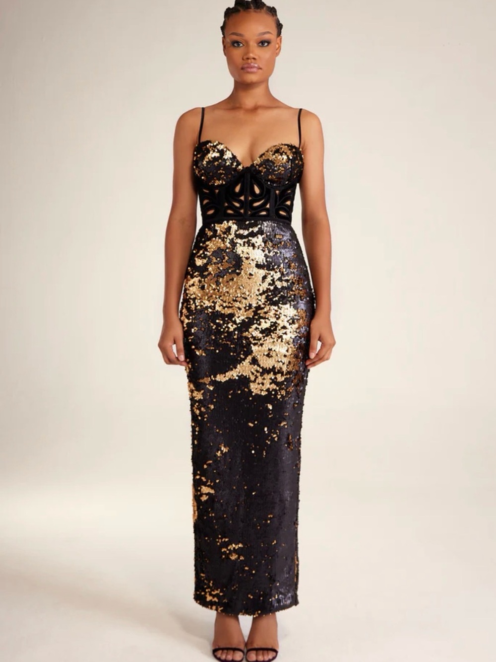 Christie Brown Sequinned Corseted Column Black and Gold Bodycon Evening Dress